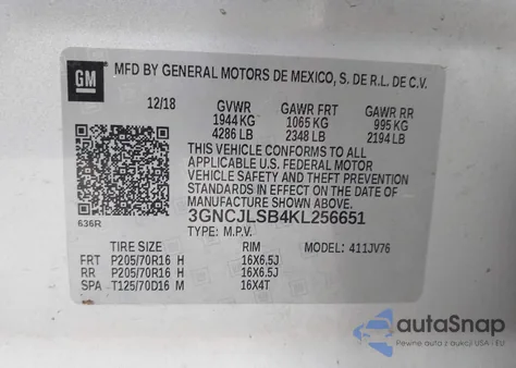 2019 Chevrolet Trax Lt from USA, damaged, VIN 3GNCJLSB4KL256651